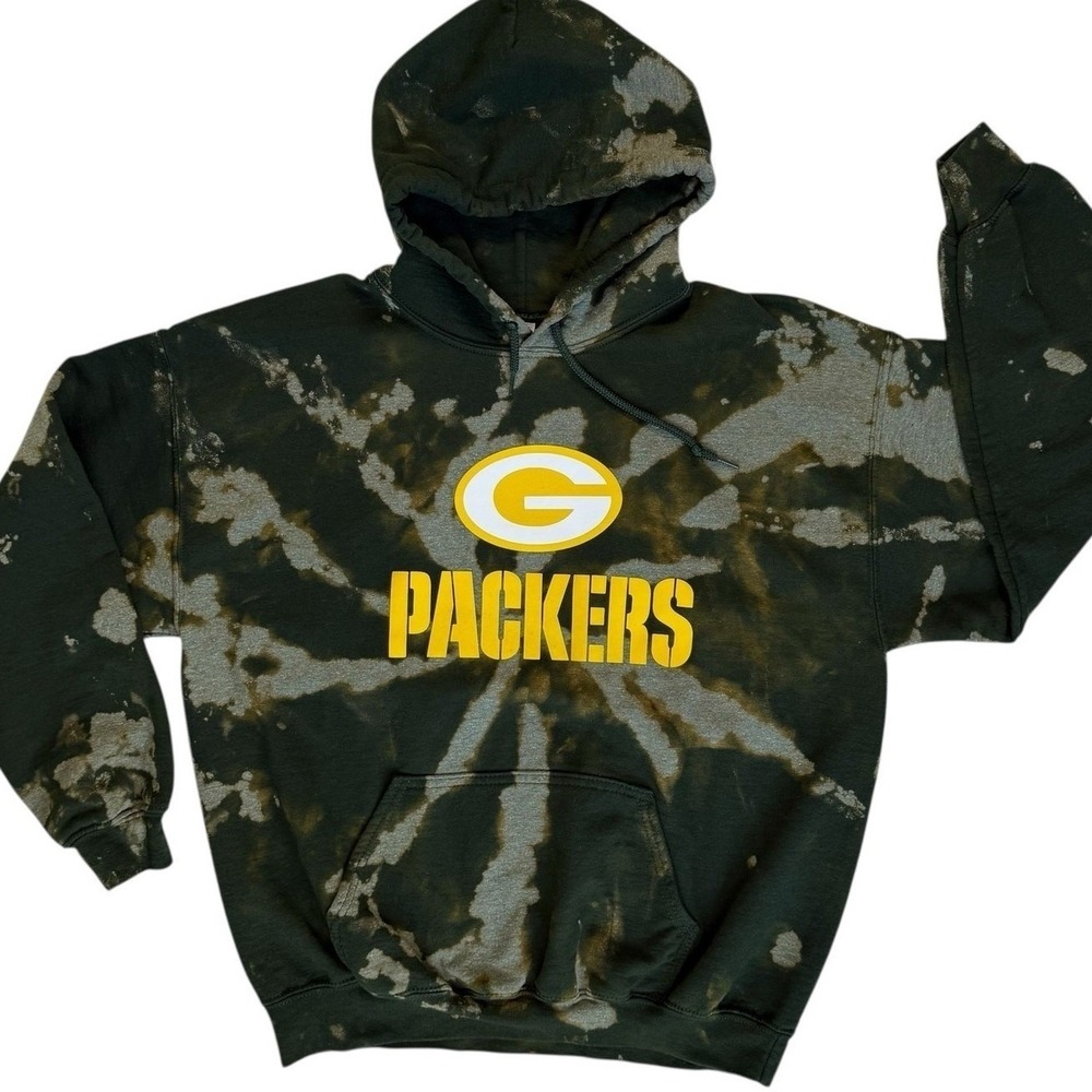 Gildan Green Bay Packers Hoodie Women Large Green Bleach Tie Dye NFL Pullover‎